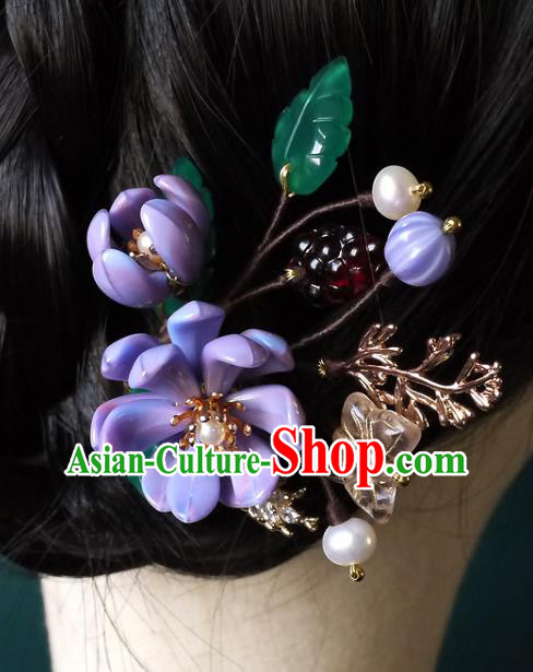 Chinese Ancient Royal Princess Purple Flowers Hairpin Traditional Ming Dynasty Palace Lady Hair Stick