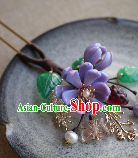 Chinese Ancient Royal Princess Purple Flowers Hairpin Traditional Ming Dynasty Palace Lady Hair Stick