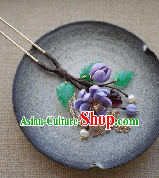 Chinese Ancient Royal Princess Purple Flowers Hairpin Traditional Ming Dynasty Palace Lady Hair Stick
