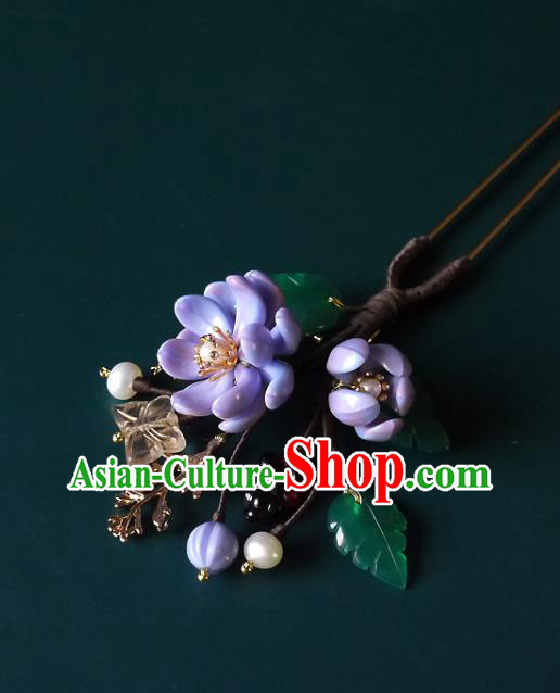 Chinese Ancient Royal Princess Purple Flowers Hairpin Traditional Ming Dynasty Palace Lady Hair Stick