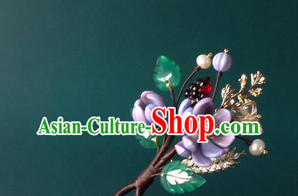 Chinese Ancient Royal Princess Purple Flowers Hairpin Traditional Ming Dynasty Palace Lady Hair Stick