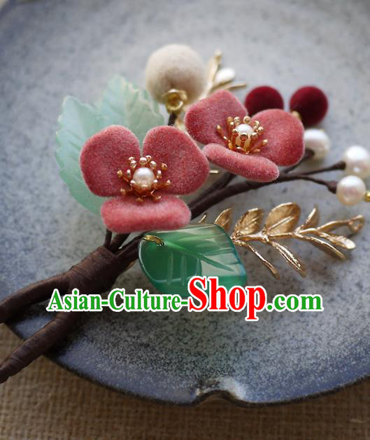 Chinese Ancient Noble Lady Pearls Hairpin Traditional Ming Dynasty Pink Flower Hair Stick