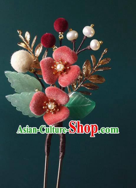Chinese Ancient Noble Lady Pearls Hairpin Traditional Ming Dynasty Pink Flower Hair Stick