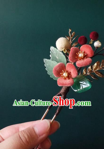 Chinese Ancient Noble Lady Pearls Hairpin Traditional Ming Dynasty Pink Flower Hair Stick