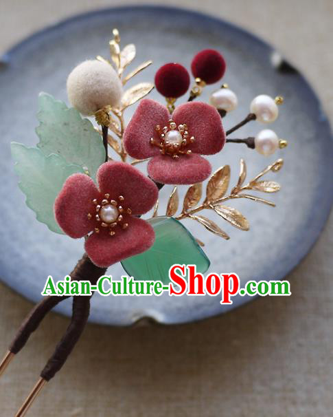 Chinese Ancient Noble Lady Pearls Hairpin Traditional Ming Dynasty Pink Flower Hair Stick