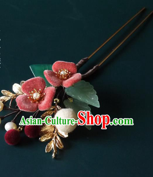 Chinese Ancient Noble Lady Pearls Hairpin Traditional Ming Dynasty Pink Flower Hair Stick