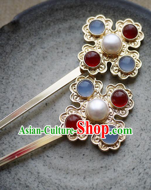 Chinese Ancient Queen Golden Hairpin Traditional Ming Dynasty Empress Gems Hair Stick