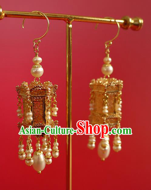 Chinese Ancient Empress Ear Accessories Traditional Ming Dynasty Golden Palace Lantern Earrings