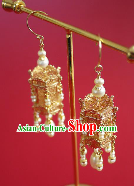 Chinese Ancient Empress Ear Accessories Traditional Ming Dynasty Golden Palace Lantern Earrings