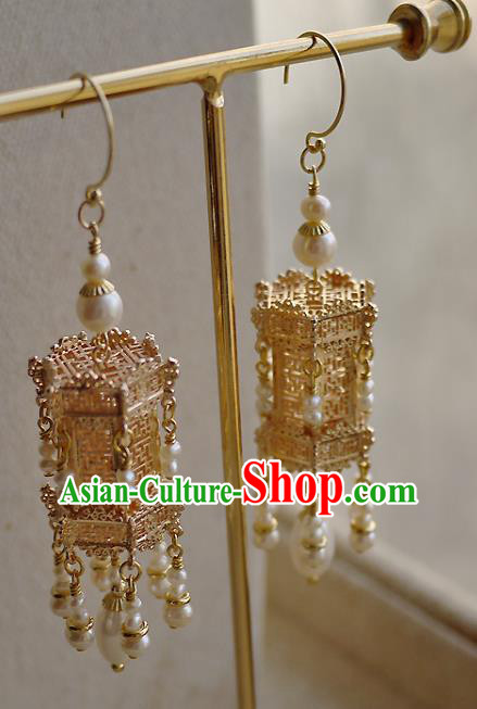 Chinese Ancient Empress Ear Accessories Traditional Ming Dynasty Golden Palace Lantern Earrings