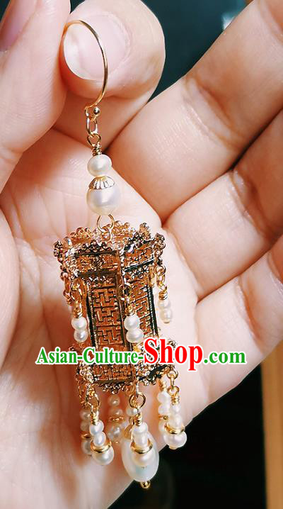Chinese Ancient Empress Ear Accessories Traditional Ming Dynasty Golden Palace Lantern Earrings