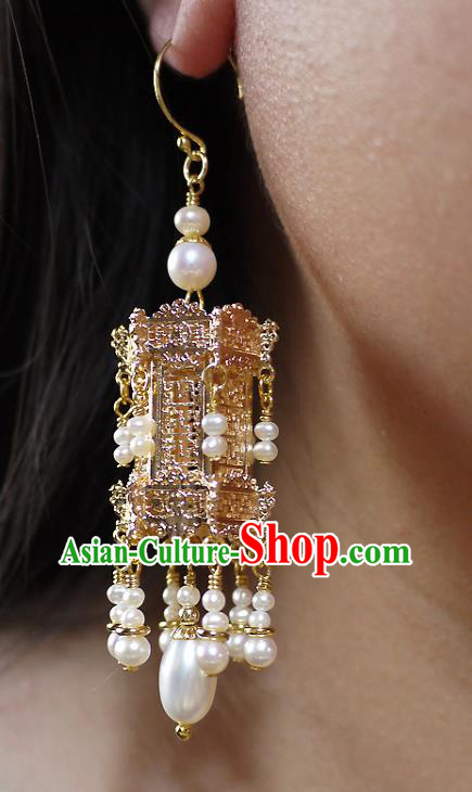 Chinese Ancient Empress Ear Accessories Traditional Ming Dynasty Golden Palace Lantern Earrings