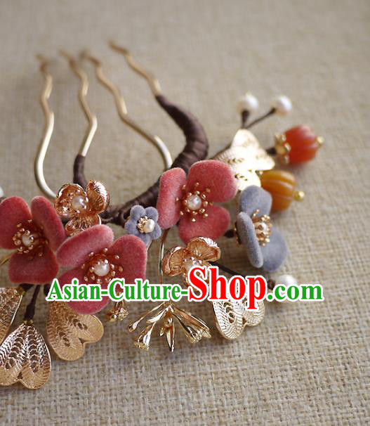 Chinese Ancient Young Beauty Pearls Hairpin Traditional Song Dynasty Princess Flowers Hair Comb