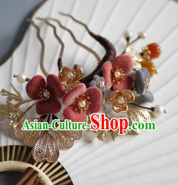 Chinese Ancient Young Beauty Pearls Hairpin Traditional Song Dynasty Princess Flowers Hair Comb