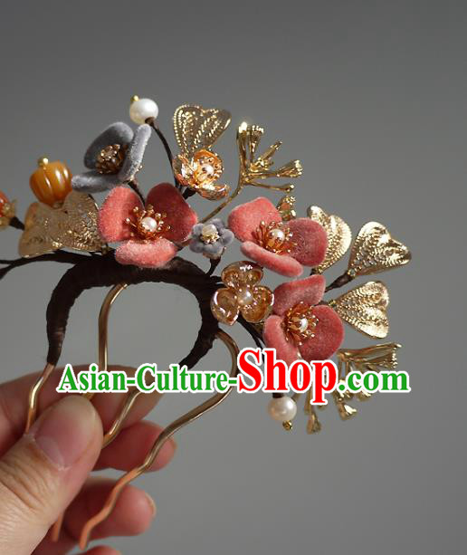 Chinese Ancient Young Beauty Pearls Hairpin Traditional Song Dynasty Princess Flowers Hair Comb