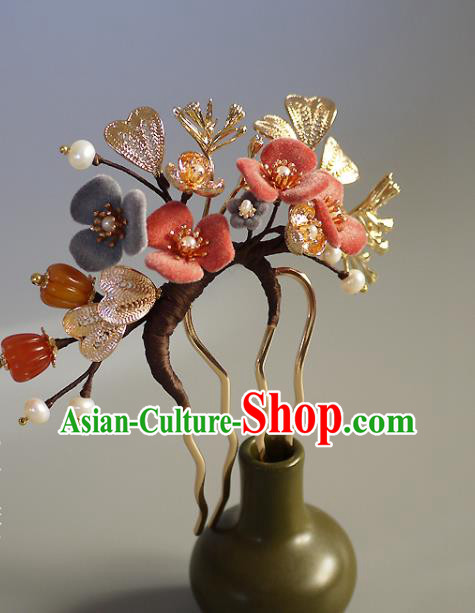 Chinese Ancient Young Beauty Pearls Hairpin Traditional Song Dynasty Princess Flowers Hair Comb