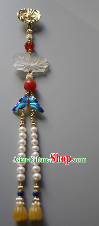 China Traditional Cheongsam Jade Lotus Accessories Ancient Qing Dynasty Pearls Tassel Brooch Pendant