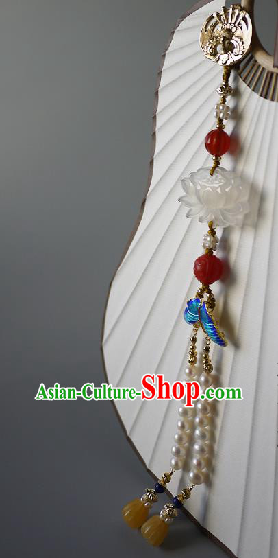 China Traditional Cheongsam Jade Lotus Accessories Ancient Qing Dynasty Pearls Tassel Brooch Pendant