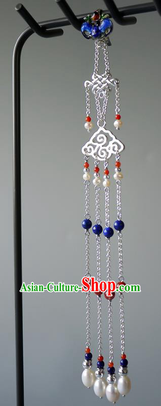 China Traditional Cheongsam Blueing Bat Accessories Ancient Qing Dynasty Imperial Consort Pearls Tassel Brooch Pendant