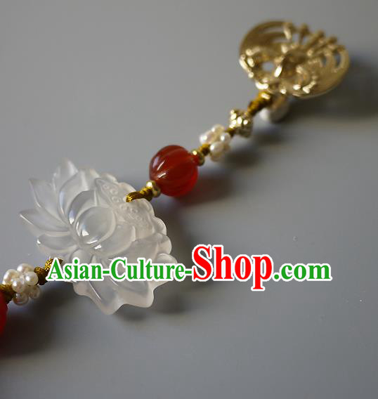 China Traditional Cheongsam Jade Lotus Accessories Ancient Qing Dynasty Pearls Tassel Brooch Pendant