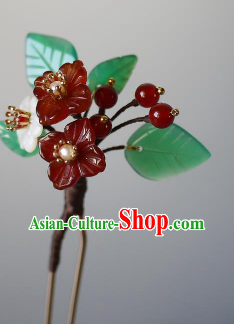 Chinese Ancient Young Woman Hairpin Traditional Qing Dynasty Court Lady Agate Flowers Hair Stick Headwear