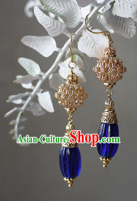 Chinese Ancient Qing Dynasty Palace Lady Ear Accessories Traditional Cheongsam Golden Lantern Earrings