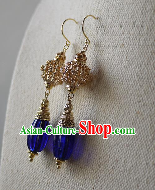 Chinese Ancient Qing Dynasty Palace Lady Ear Accessories Traditional Cheongsam Golden Lantern Earrings
