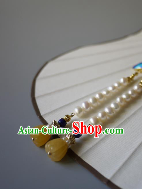 China Traditional Cheongsam Jade Lotus Accessories Ancient Qing Dynasty Pearls Tassel Brooch Pendant