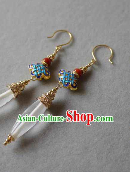 Chinese Ancient Court Woman Cloisonne Ear Accessories Traditional Cheongsam White Crystal Earrings