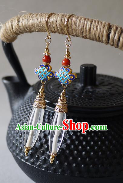 Chinese Ancient Court Woman Cloisonne Ear Accessories Traditional Cheongsam White Crystal Earrings