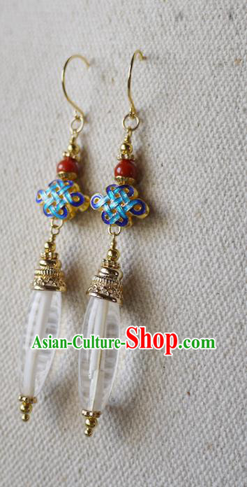 Chinese Ancient Court Woman Cloisonne Ear Accessories Traditional Cheongsam White Crystal Earrings