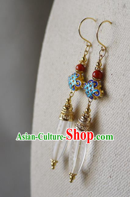 Chinese Ancient Court Woman Cloisonne Ear Accessories Traditional Cheongsam White Crystal Earrings