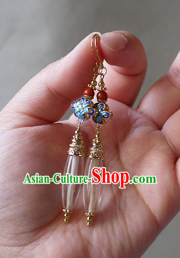 Chinese Ancient Court Woman Cloisonne Ear Accessories Traditional Cheongsam White Crystal Earrings