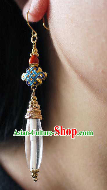 Chinese Ancient Court Woman Cloisonne Ear Accessories Traditional Cheongsam White Crystal Earrings
