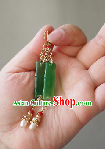 Chinese Ancient Palace Woman Ear Accessories Traditional Cheongsam Chrysoprase Bamboo Earrings