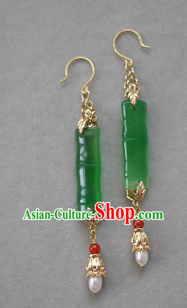 Chinese Ancient Palace Woman Ear Accessories Traditional Cheongsam Chrysoprase Bamboo Earrings