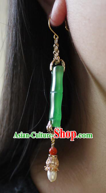 Chinese Ancient Palace Woman Ear Accessories Traditional Cheongsam Chrysoprase Bamboo Earrings