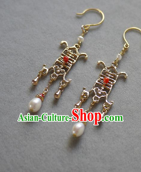 Chinese Ancient Royal Empress Ear Accessories Traditional Cheongsam Wedding Golden Earrings