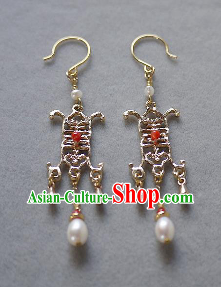Chinese Ancient Royal Empress Ear Accessories Traditional Cheongsam Wedding Golden Earrings