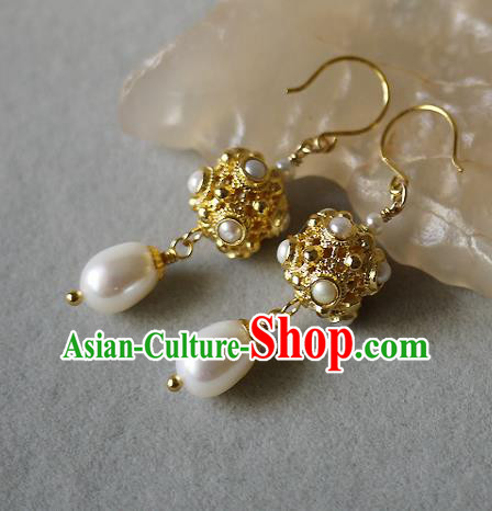 Chinese Ancient Tang Dynasty Princess Ear Accessories Traditional Cheongsam Pearls Golden Earrings
