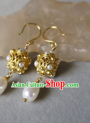 Chinese Ancient Tang Dynasty Princess Ear Accessories Traditional Cheongsam Pearls Golden Earrings