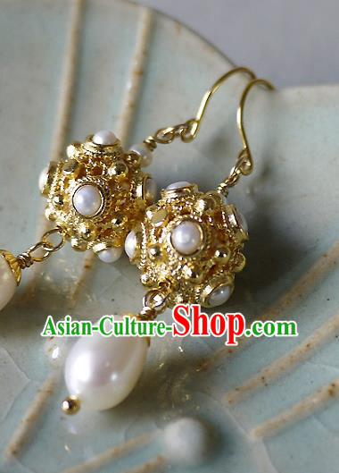 Chinese Ancient Tang Dynasty Princess Ear Accessories Traditional Cheongsam Pearls Golden Earrings