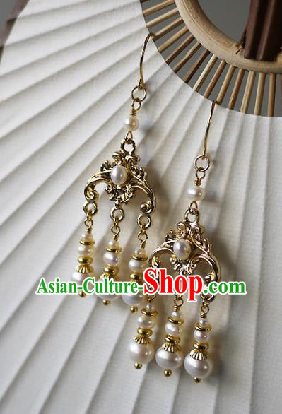 Chinese Ancient Empress Pearls Tassel Ear Accessories Traditional Qing Dynasty Court Golden Earrings