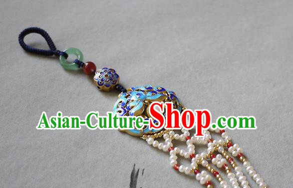 China Traditional Cheongsam Pearls Tassel Accessories Ancient Qing Dynasty Cloisonne Lotus Brooch Pendant
