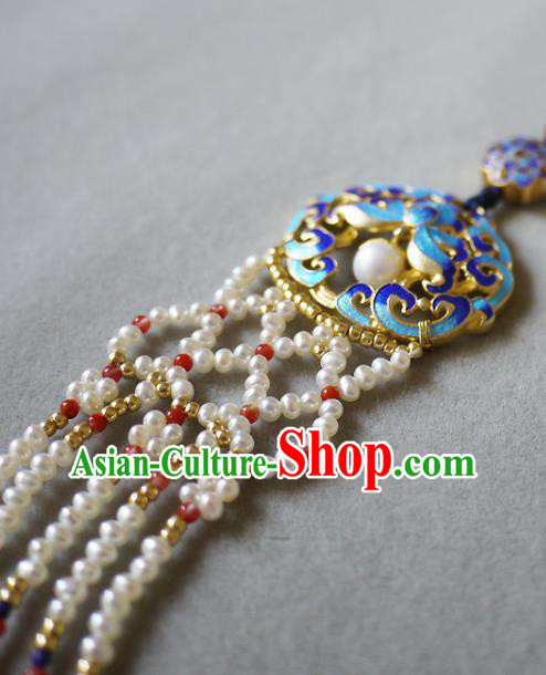 China Traditional Cheongsam Pearls Tassel Accessories Ancient Qing Dynasty Cloisonne Lotus Brooch Pendant