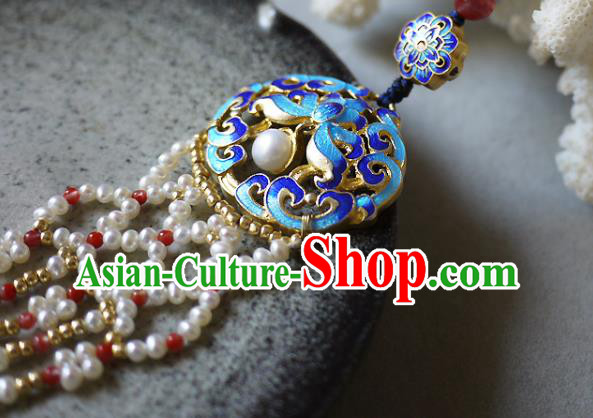China Traditional Cheongsam Pearls Tassel Accessories Ancient Qing Dynasty Cloisonne Lotus Brooch Pendant