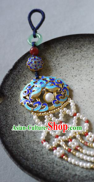 China Traditional Cheongsam Pearls Tassel Accessories Ancient Qing Dynasty Cloisonne Lotus Brooch Pendant