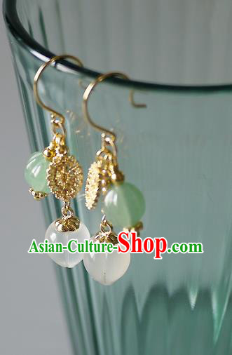 Chinese Ancient Court Lady Ear Accessories Traditional Qing Dynasty White Chalcedony Earrings