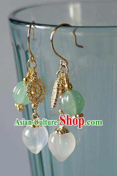 Chinese Ancient Court Lady Ear Accessories Traditional Qing Dynasty White Chalcedony Earrings