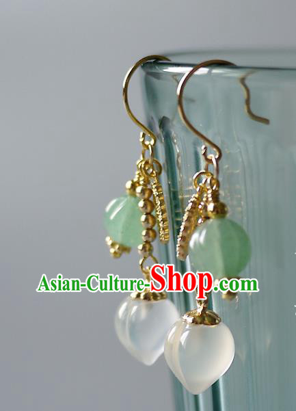 Chinese Ancient Court Lady Ear Accessories Traditional Qing Dynasty White Chalcedony Earrings